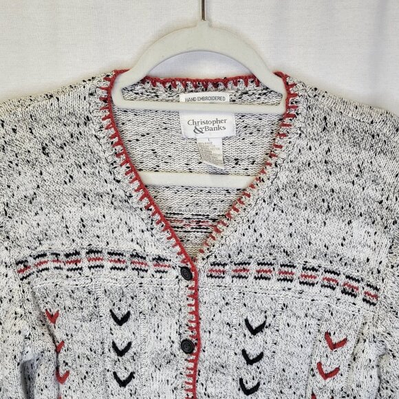 Christopher & Banks Large Cardigan Sweater Black Red White Hand Embroidered - Picture 3 of 6